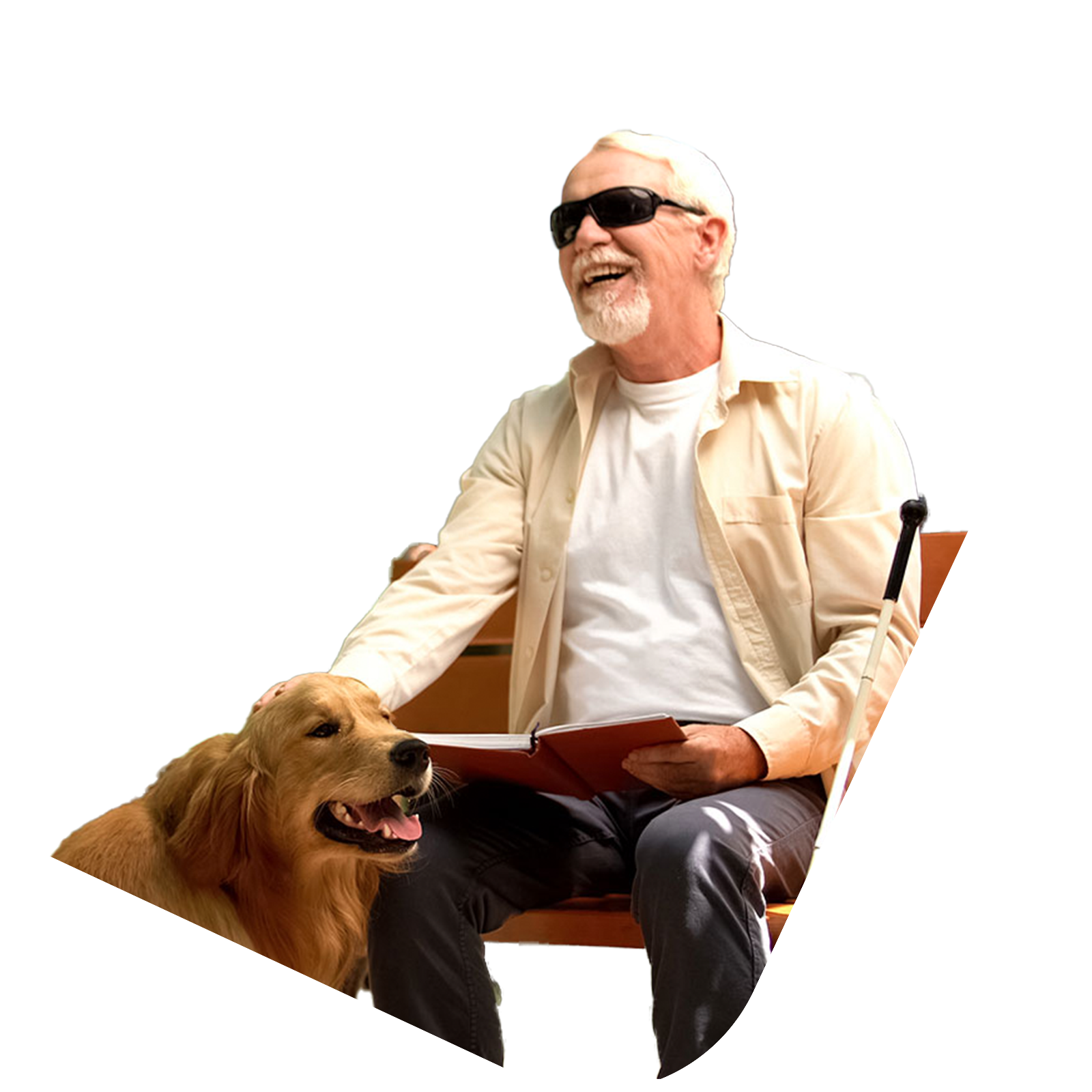 Blind Man sitting on a park bench with guide dog