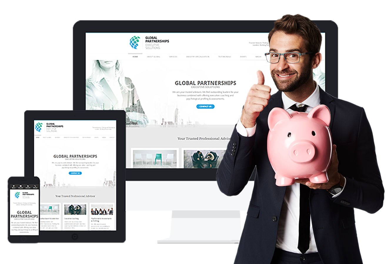 Referral image of computer screens with man holding a piggy bank